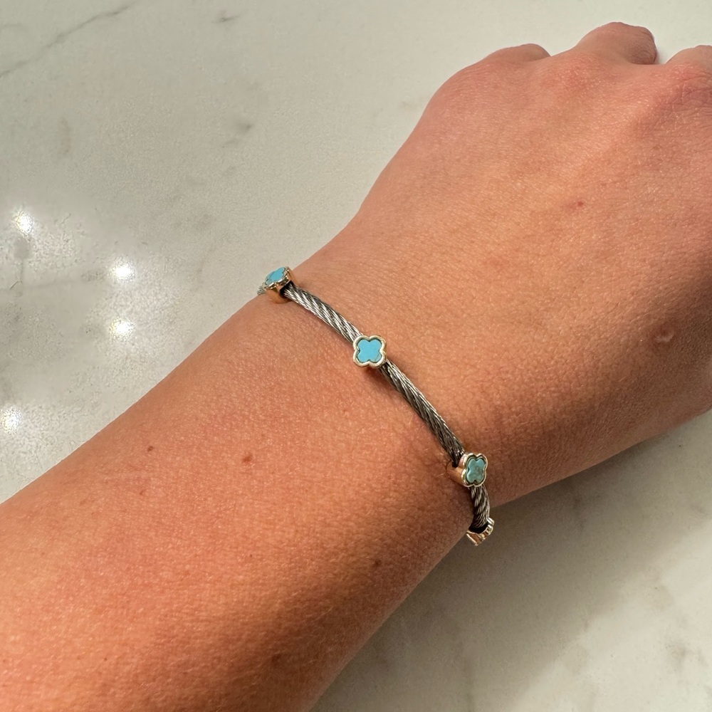 Steel Cable Two Toned Bracelet with Faux Turquoise Gold Tone Accents